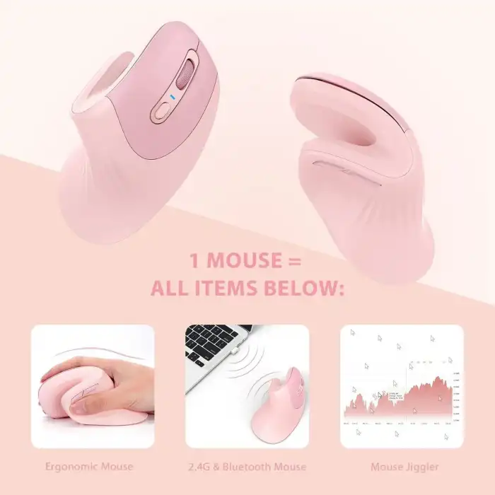 Seenda Ergonomik Kablosuz Dikey Mouse, Bluetooth 4.0+USB - Açık Pembe