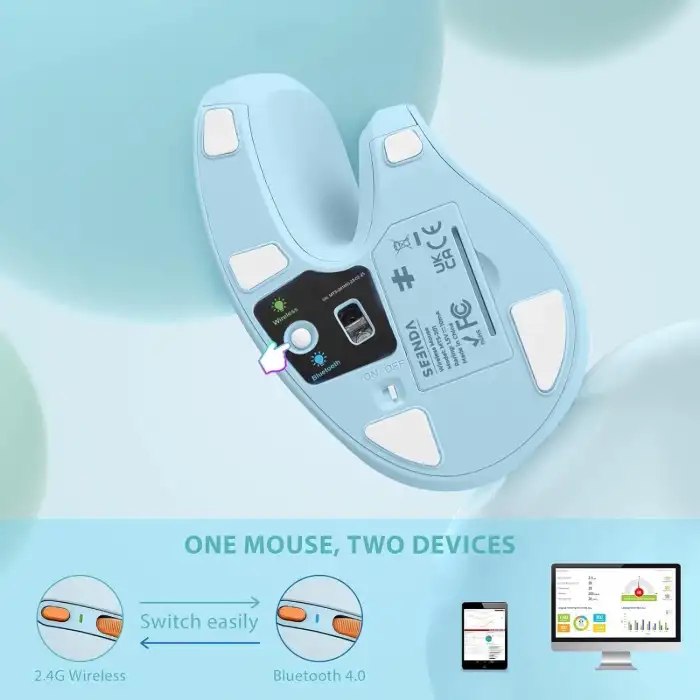 Seenda Ergonomik Kablosuz Dikey Mouse, Bluetooth 4.0+USB - Gök Mavisi