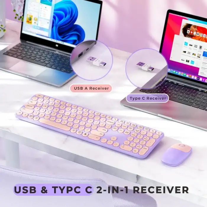 Seenda Kablosuz Klavye ve Mouse, USB ve Type-C - Pembe/Mor