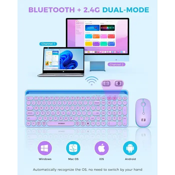 Seenda Yuvarlak Tuşlu Sevimli Kablosuz Klavye ve Mouse, Bluetooth 2.4G - Mavi/Pembe