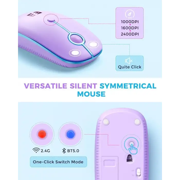 Seenda Yuvarlak Tuşlu Sevimli Kablosuz Klavye ve Mouse, Bluetooth 2.4G - Mavi/Pembe