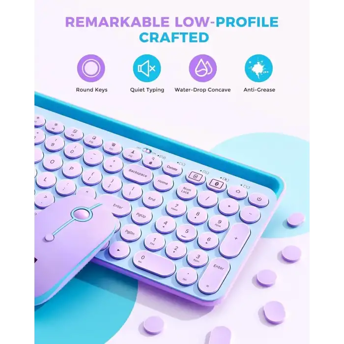 Seenda Yuvarlak Tuşlu Sevimli Kablosuz Klavye ve Mouse, Bluetooth 2.4G - Mavi/Pembe
