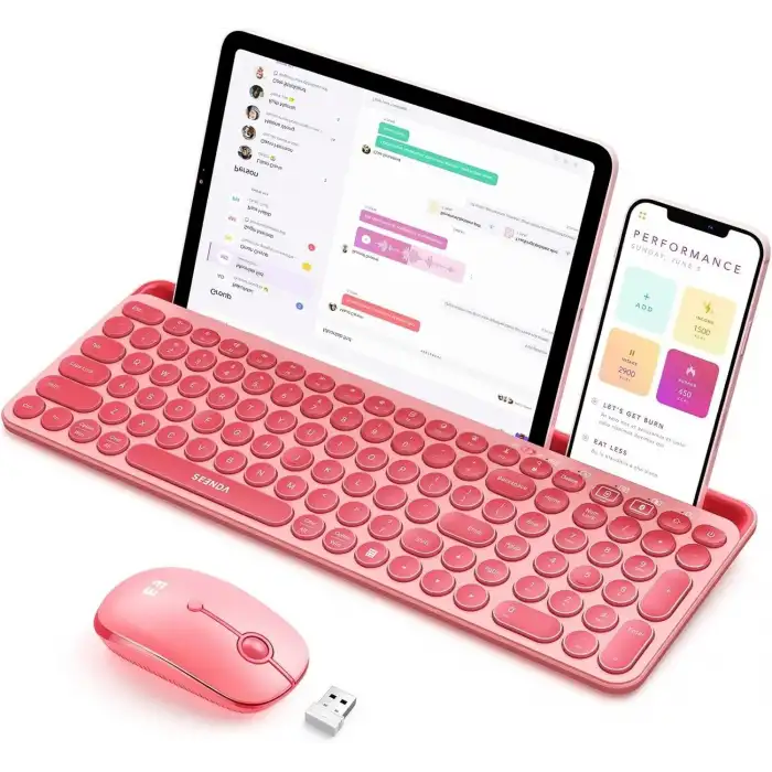 Seenda Yuvarlak Tuşlu Sevimli Kablosuz Klavye ve Mouse, Bluetooth 2.4G - Pembe