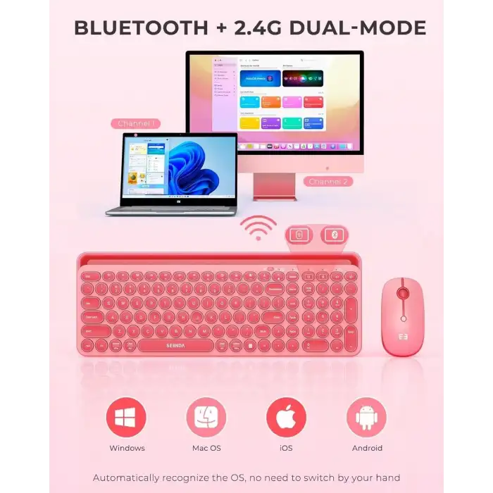 Seenda Yuvarlak Tuşlu Sevimli Kablosuz Klavye ve Mouse, Bluetooth 2.4G - Pembe
