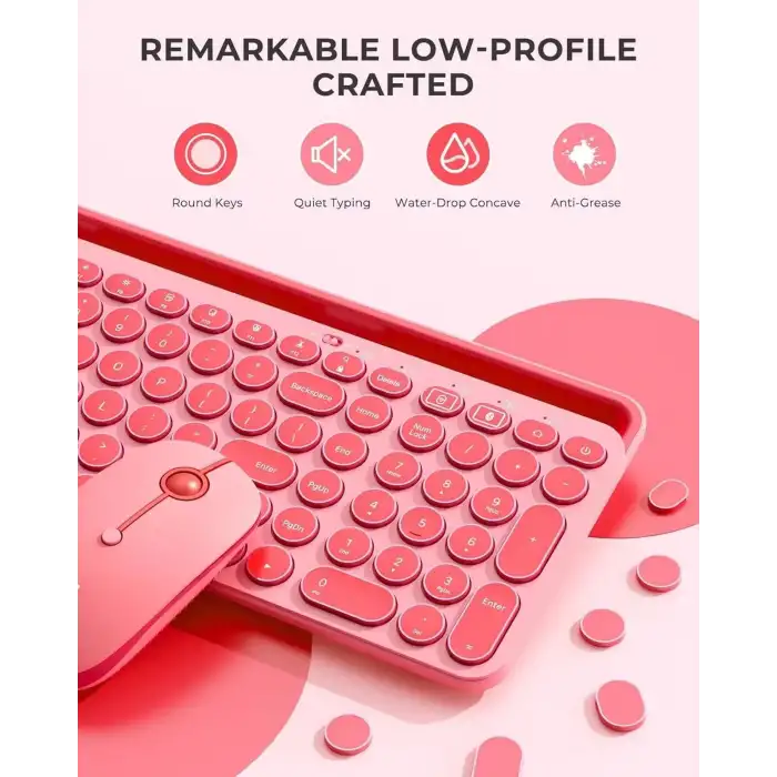 Seenda Yuvarlak Tuşlu Sevimli Kablosuz Klavye ve Mouse, Bluetooth 2.4G - Pembe