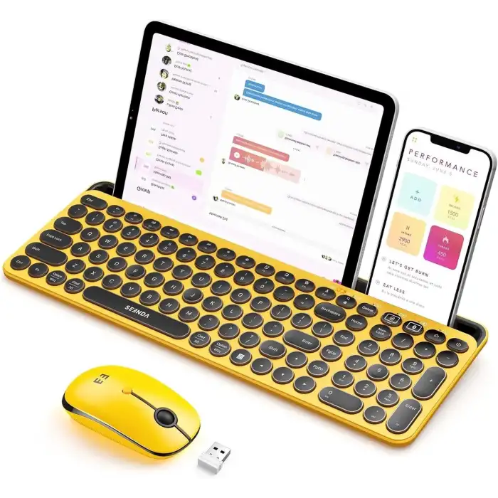 Seenda Yuvarlak Tuşlu Sevimli Kablosuz Klavye ve Mouse, Bluetooth 2.4G - Sarı/Siyah