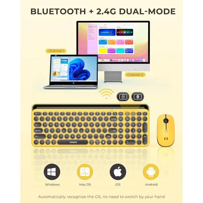 Seenda Yuvarlak Tuşlu Sevimli Kablosuz Klavye ve Mouse, Bluetooth 2.4G - Sarı/Siyah