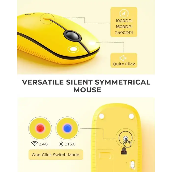 Seenda Yuvarlak Tuşlu Sevimli Kablosuz Klavye ve Mouse, Bluetooth 2.4G - Sarı/Siyah