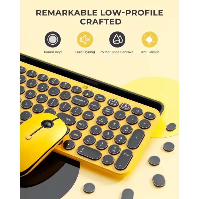 Seenda Yuvarlak Tuşlu Sevimli Kablosuz Klavye ve Mouse, Bluetooth 2.4G - Sarı/Siyah