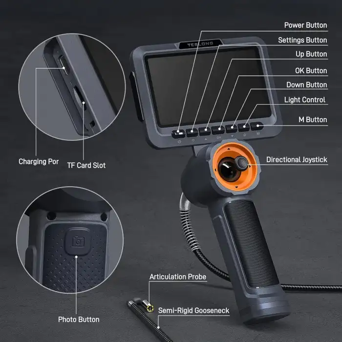 Teslong 360 Işıklı 4 Yönlü Eklemli Boroskop, 5 Inc - 6.5mm Çap - 1.5m Kablo