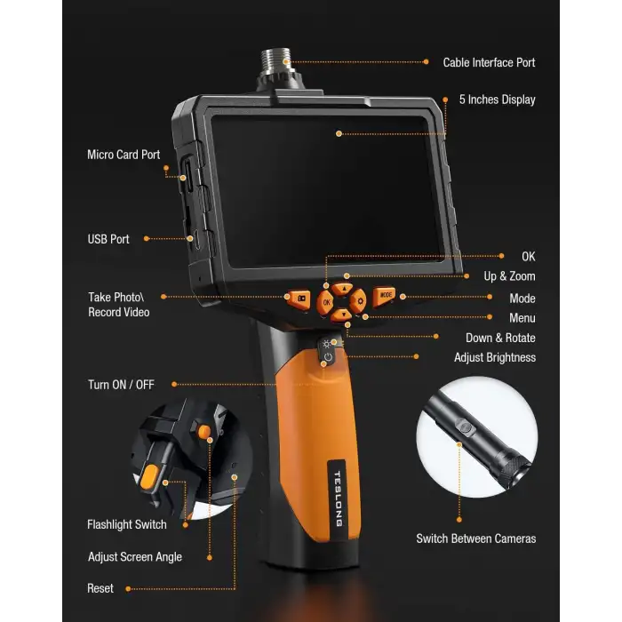 Teslong Çift Lensli Endoskop Muayene Kamerası - 5 Inc IPS Ekran - 5m Kablo
