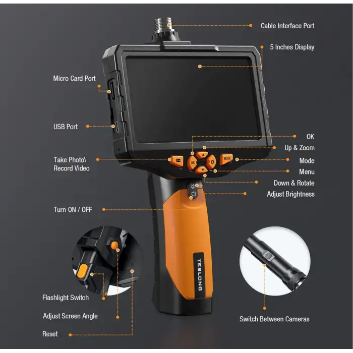 Teslong NTS300 Çift Lensli 360 Derece Dönüşlü Muayene Kamerası 8.5mm - 5 Inc - 3m Kablo