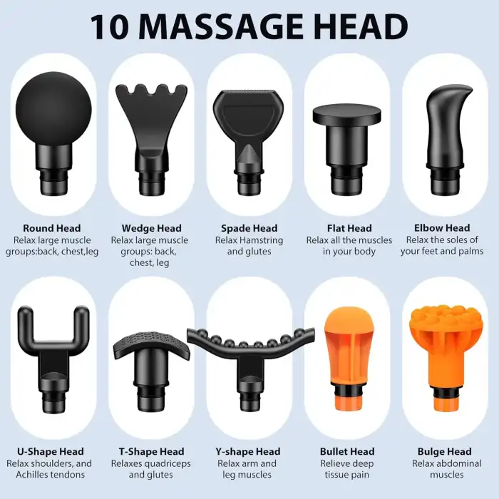 TOLOCO Masaj Aleti Derin Doku, 10 Yedek Başlıklı Perküsyon - Siyah