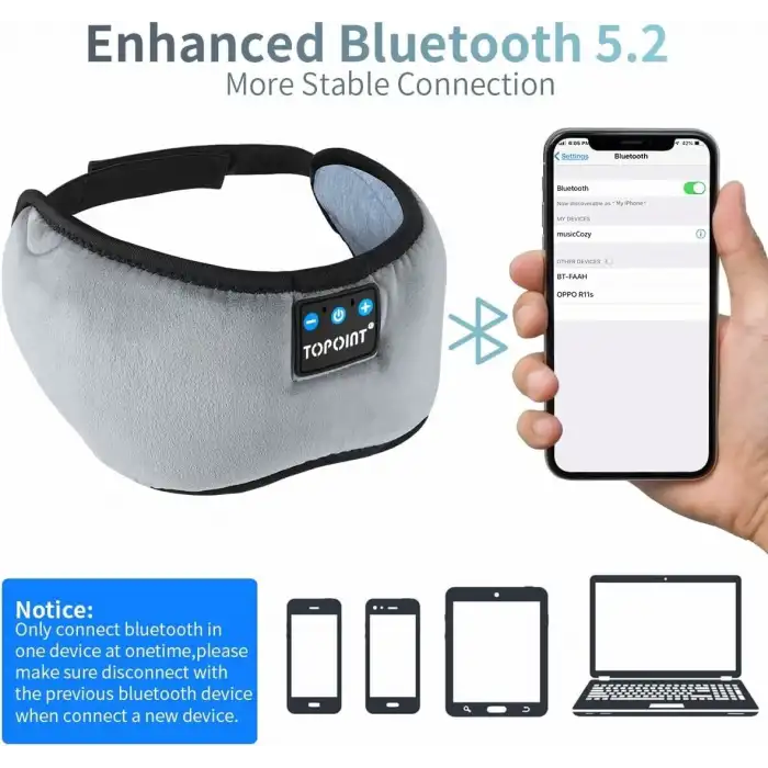TOPOINT Uyku Kulaklıkları Bluetooth Uyku Maskesi - Koyu Gri