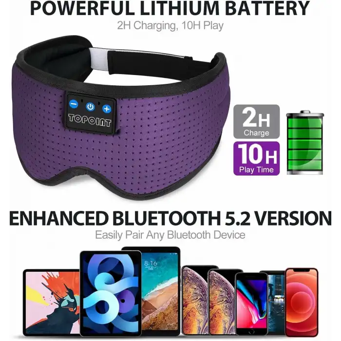 TOPOINT Uyku Kulaklıkları Bluetooth Uyku Maskesi - Mor