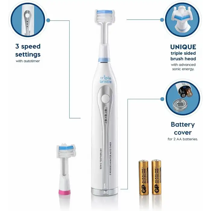 Triple Bristle GO - Üç Taraflı Sonic Diş Fırçası - Yumuşak Naylon Kıllar - 2 Adet