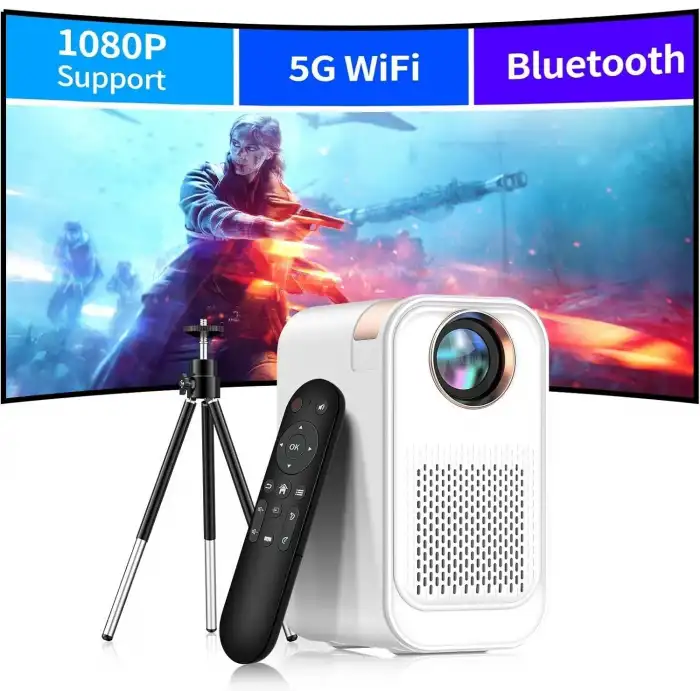 Vasoun 5G WiFi ve Bluetoothlu Mini Projektör, Projektör Standlı 1080P Destekli - Beyaz