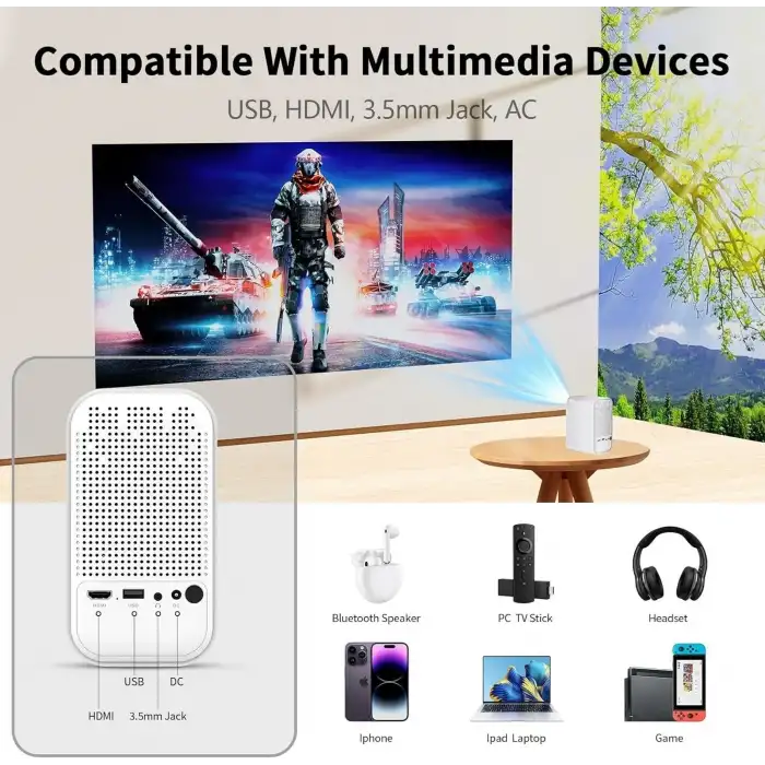 Vasoun 5G WiFi ve Bluetoothlu Mini Projektör, Projektör Standlı 1080P Destekli - Beyaz