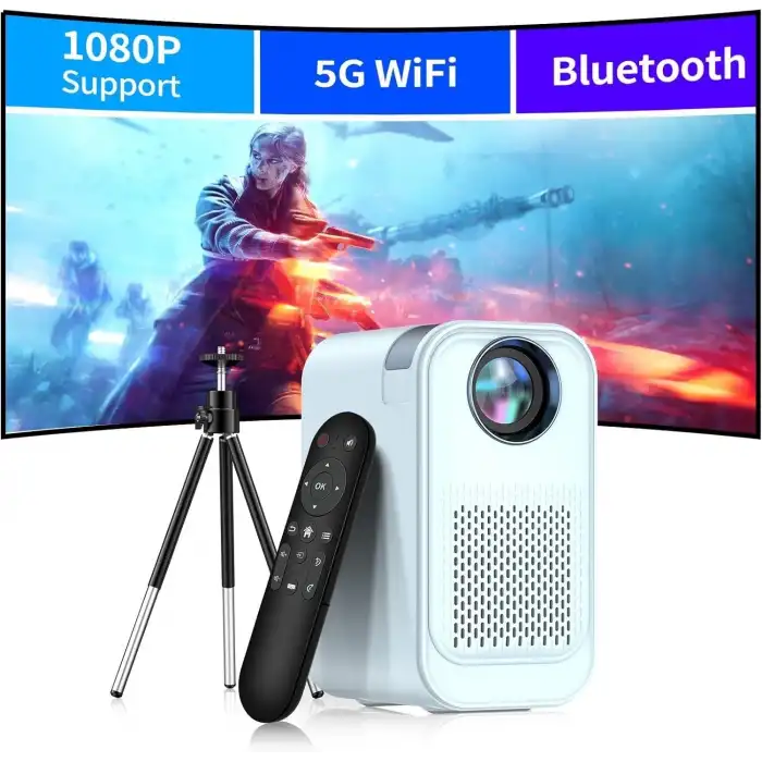 Vasoun 5G WiFi ve Bluetoothlu Mini Projektör, Projektör Standlı 1080P Destekli - Mavi