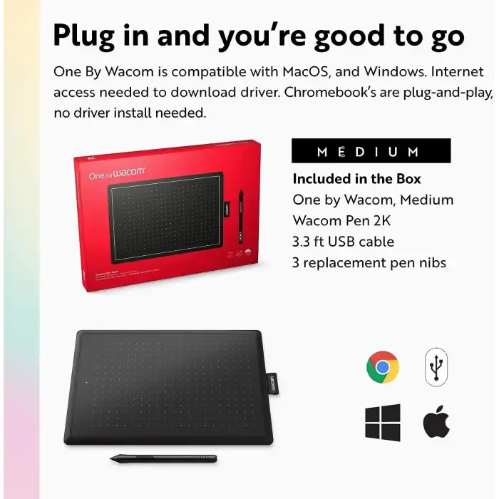 Wacom One Medium Grafik Çizim Tableti, Taşınabilir ve Çok Yönlü