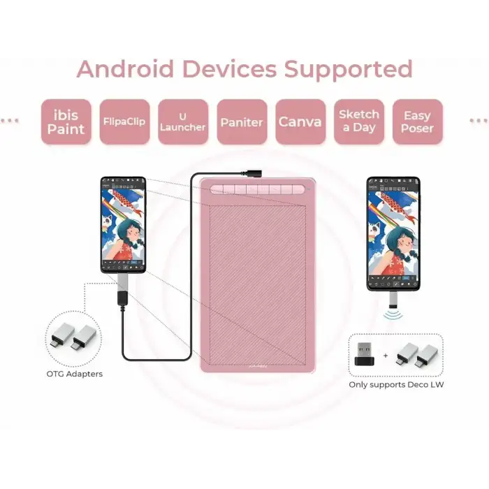 XP-Pen Deco LW Bluetooth Kablosuz Grafik Çizim Tableti 10x6  - Pembe