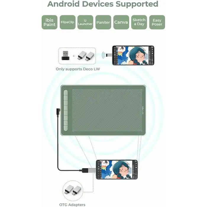XP-Pen Deco LW Bluetooth Kablosuz Grafik Çizim Tableti 10x6  - Yeşil