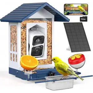 BirdSnap APS - Kameralı Güneş Panelli Metal Kuş Yemliği 2K HD - Beyaz/Mavi