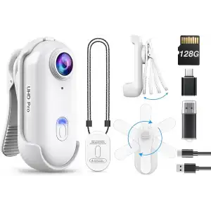 Boblov W4 2K Mini Vücut Kamerası, 360° Dönebilen Klipsli 128 GB Kamera - Beyaz