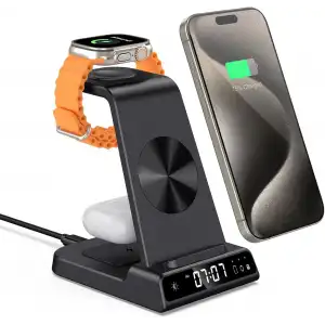 Phelinta Dijital Saatli, 4ü 1 Arada Kablosuz Şarj İstasyonu Apple İçin - Siyah