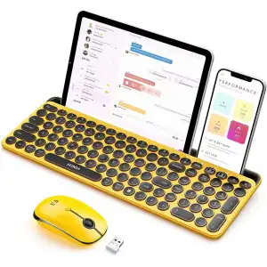 Seenda Yuvarlak Tuşlu Sevimli Kablosuz Klavye ve Mouse, Bluetooth 2.4G - Sarı/Siyah