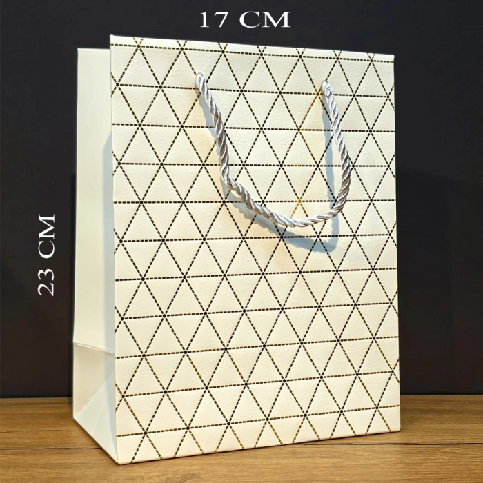 Beyaz Geometrik Desenli Orta Boy Karton Hediye Çantası