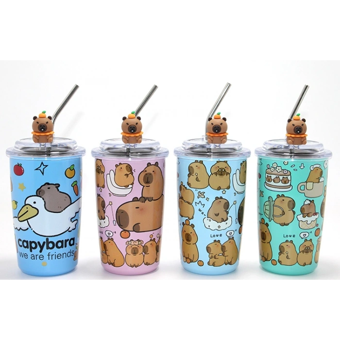 Capybara Figürlü Isı Muhafazalı Metal Pipetli Paslanmaz Çelik Kupa