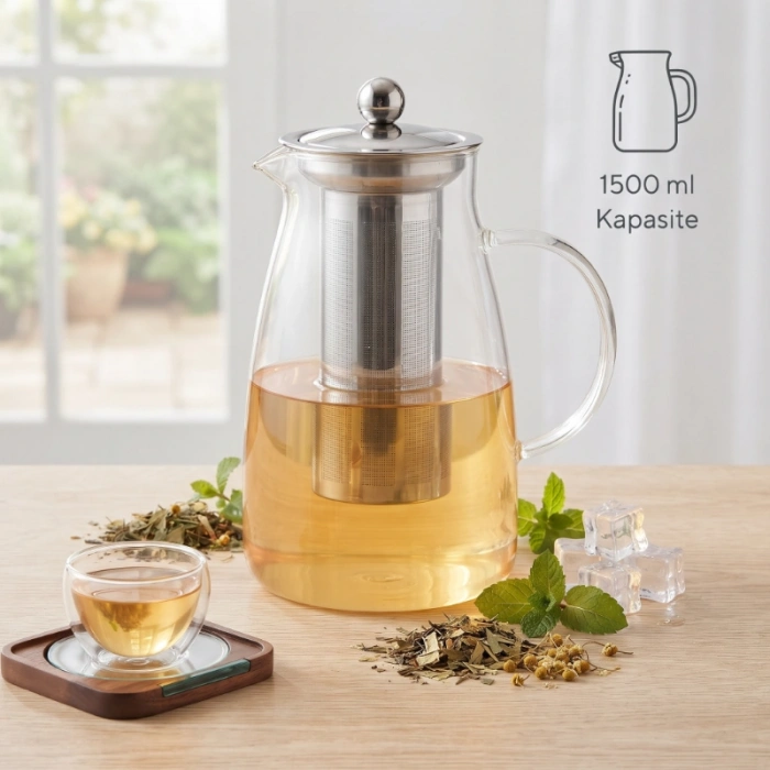 Detoks Sürahisi - 1500 ml - Paslanmaz Çelik Filtre - Cam