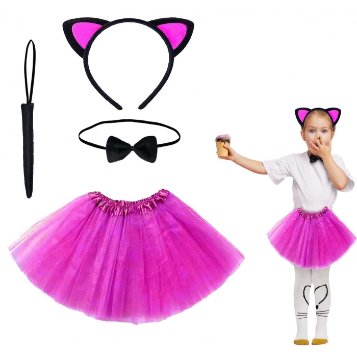 Fuşya Renk Kedi Kostüm Seti - Tütü, Taç, Papyon, Kuyruk