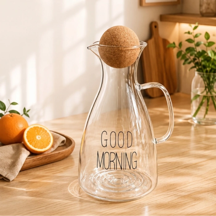 Yuvarlak Mantar Kapaklı Sürahi - 1500 ml - Yüksek Kaliteli Cam