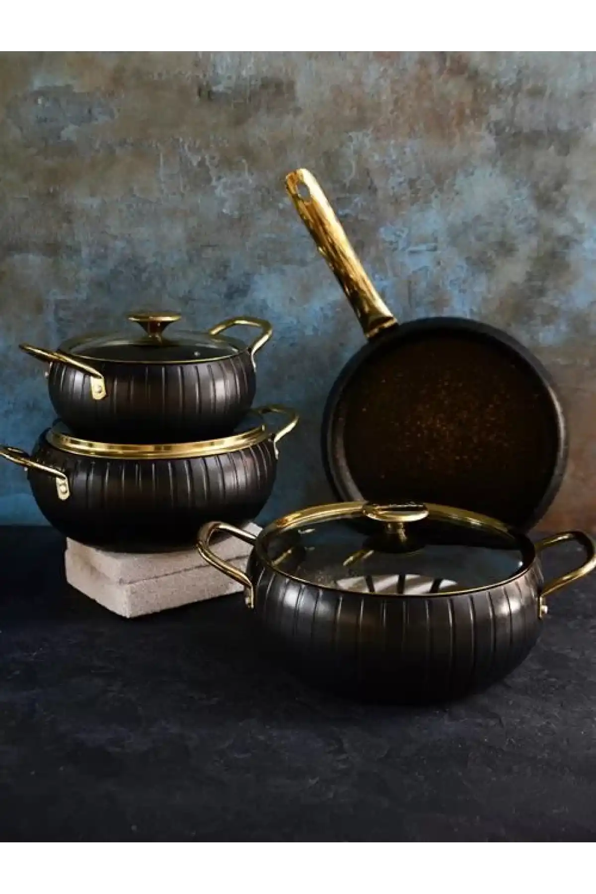 Oms 3528.SYH Meridian Siyah Gold Tencere Tava Seti 7 Parça