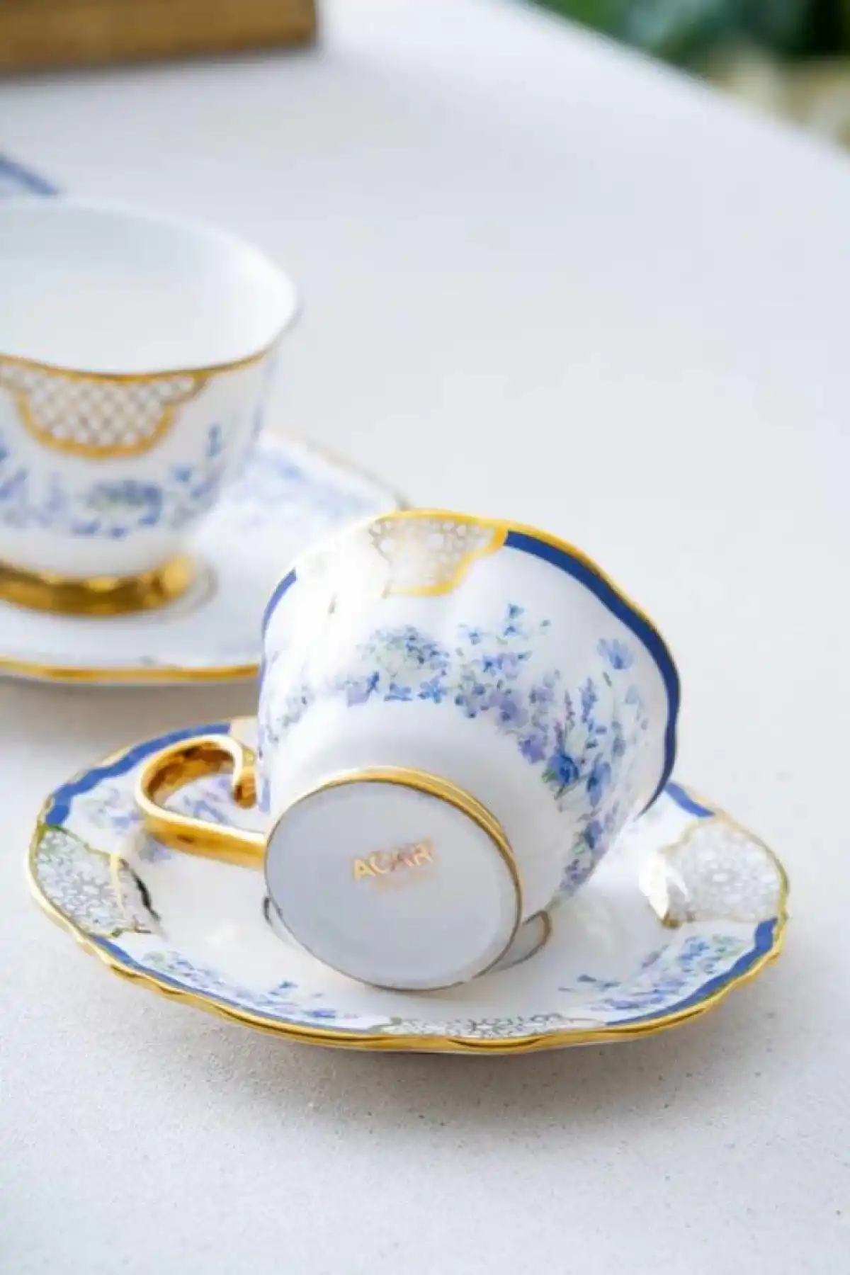 Acar HXF6556 Mavi Çiçek Desenli Gold Detaylı Beyaz Porselen Kahve Seti 6lı