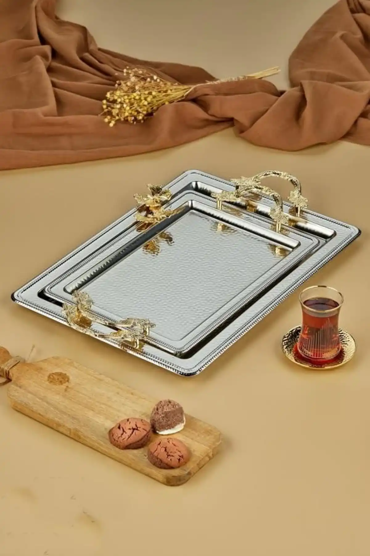 Cok Dikdörtgen 2li Metal Tepsi Seti