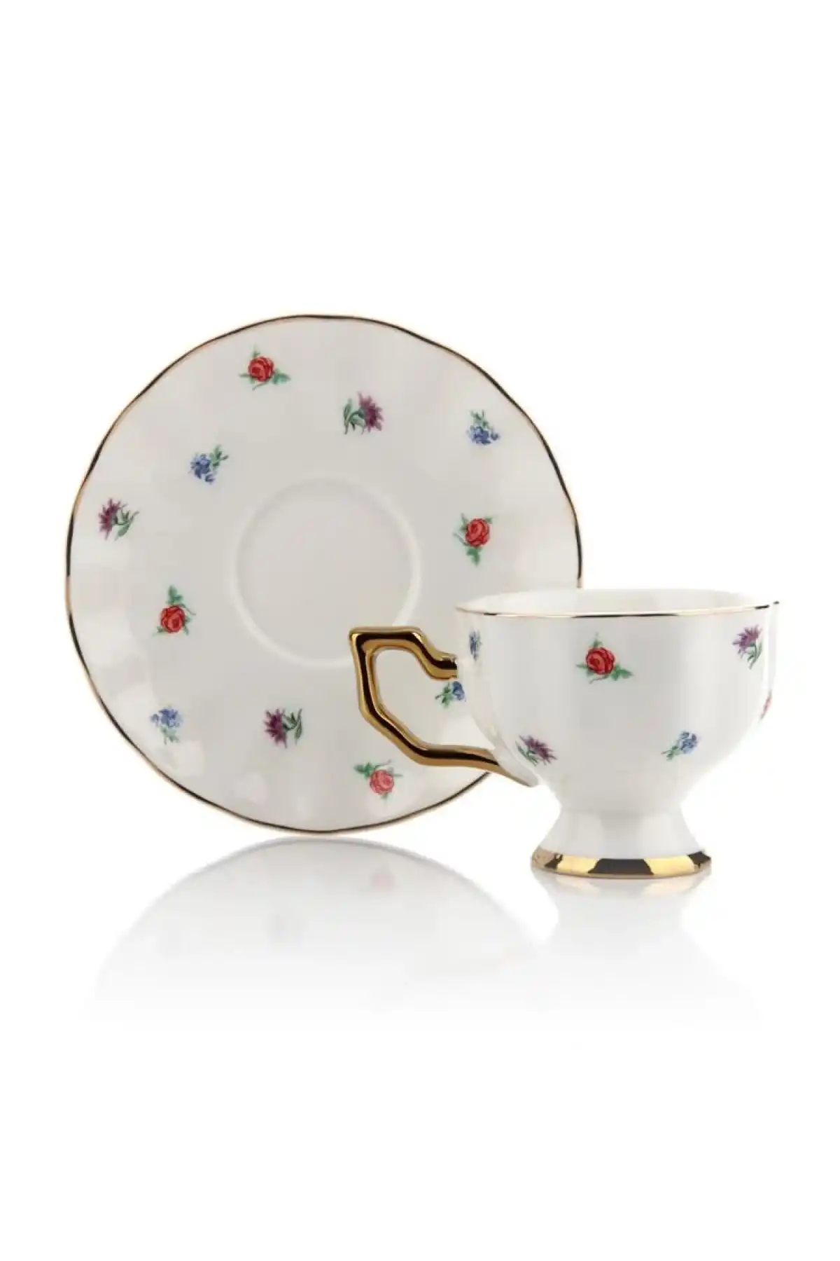 Mien MEN SPR0367 Çiçek Desenli Beyaz Porselen Kahve Fincan Seti 6lı