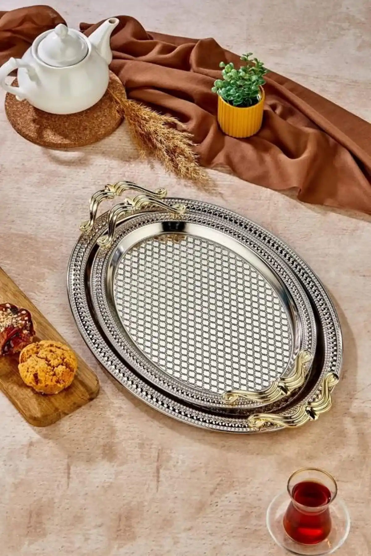 Cooker CKR3537 Gold Kulplu Silver Oval Tepsi 2li