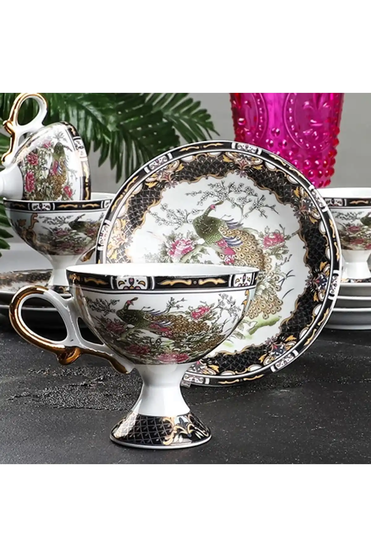 Kosova Ayaklı Porselen Siyah Fincan Seti 6lı