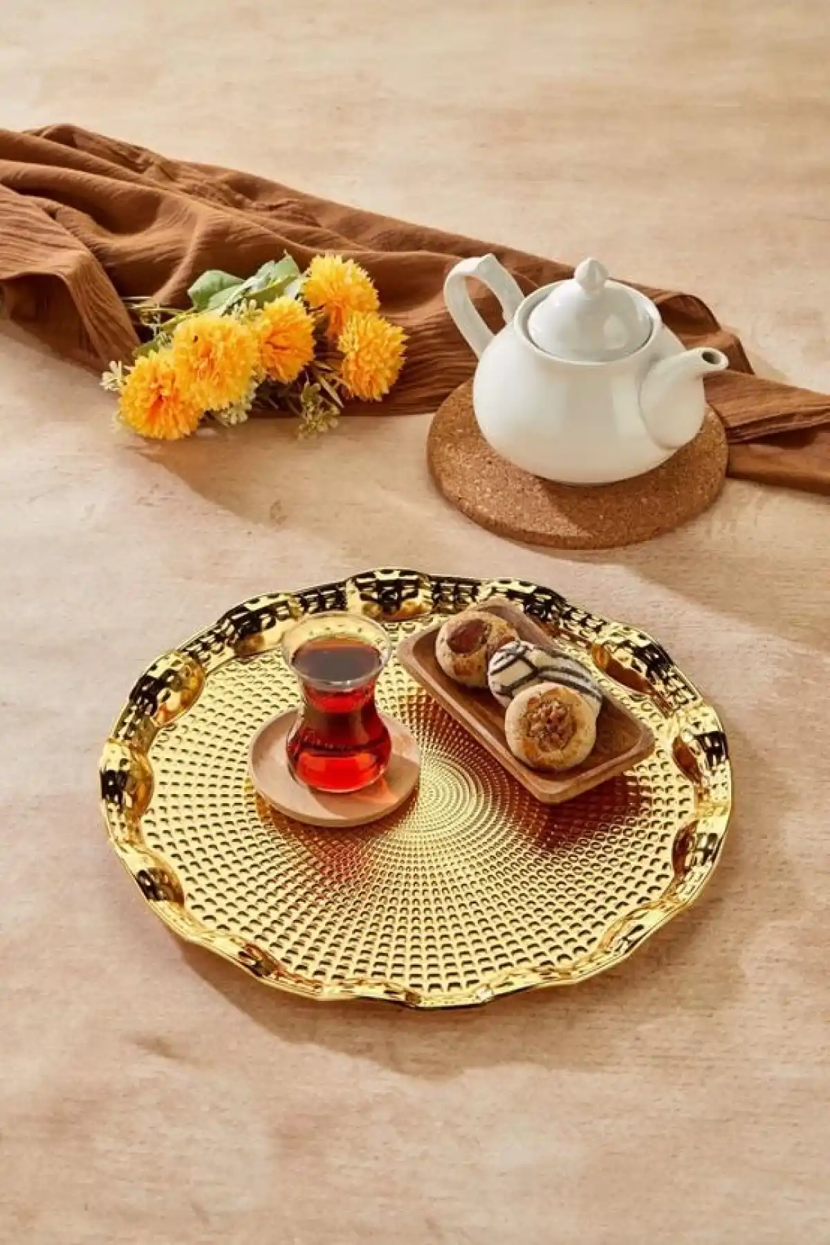 Cooker Yuvarlak Gold Metal Tepsi 35 cm