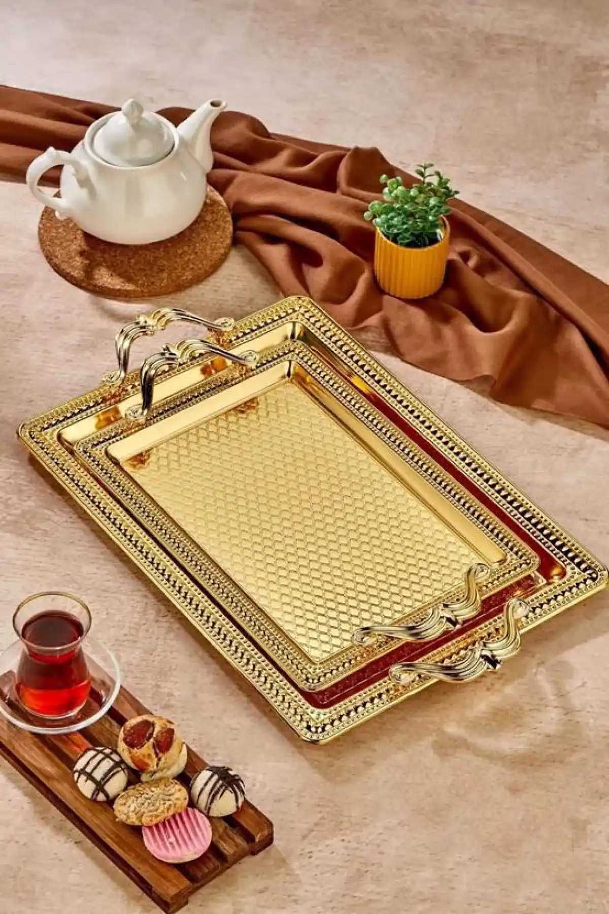 Cooker Özel Seri Altın Rengi Dikdörtgen Tepsi 2 Parça