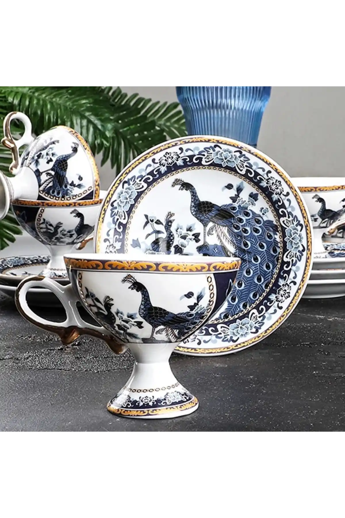Kosova Ayaklı Lacivert Porselen Fincan Seti 6lı