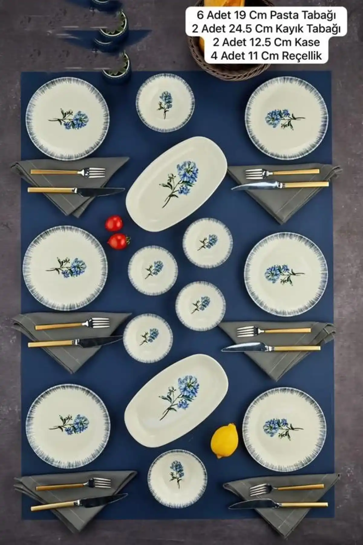 Cooker CKR4262 Mavi Çiçek Desenli Beyaz Porselen Kahvaltı Seti 14 Parça
