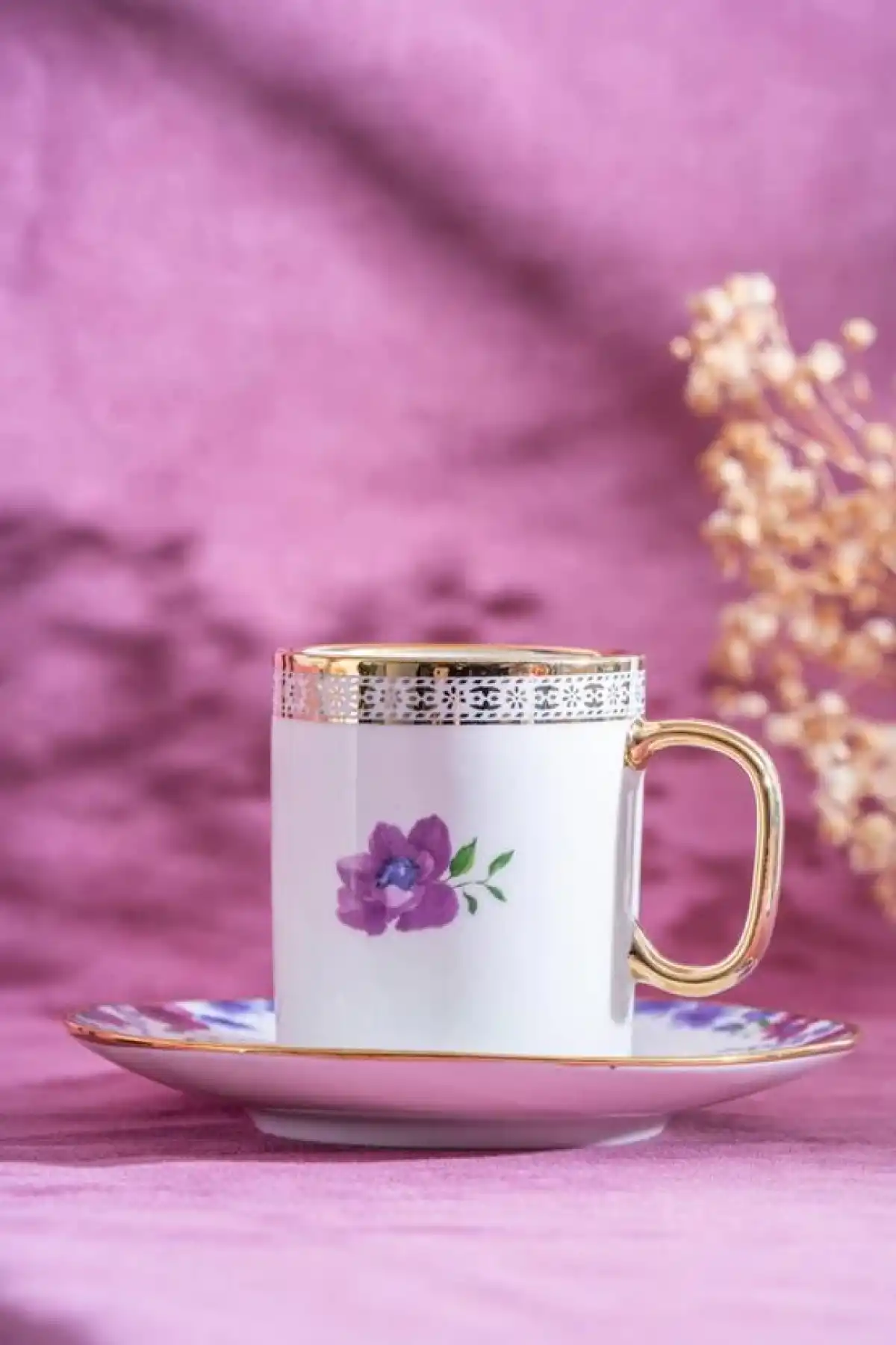 Acar KAI6902 Mor Çiçek Desenli Gold Detaylı Beyaz Porselen Kahve Seti 6lı