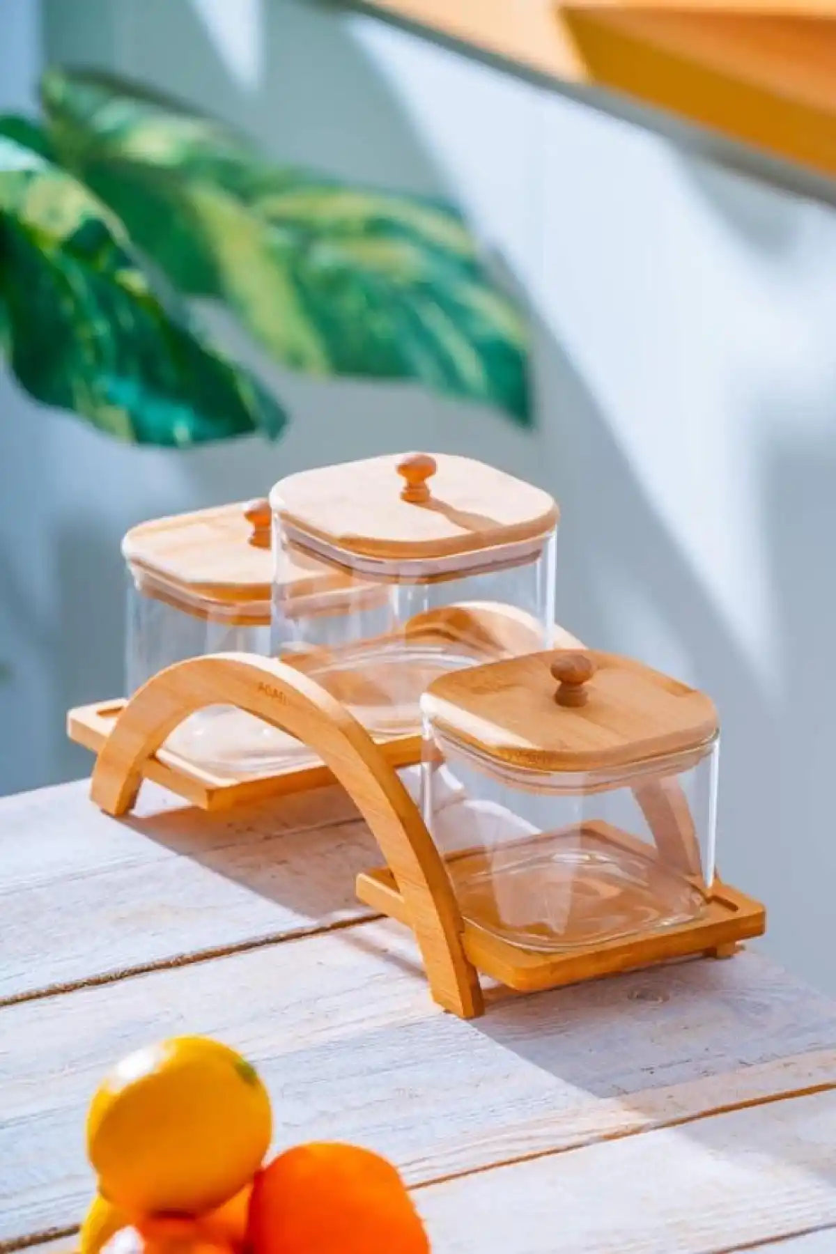 Acar LND7579 Bambu Stantlı ve Kapaklı Baharatlık 3lü