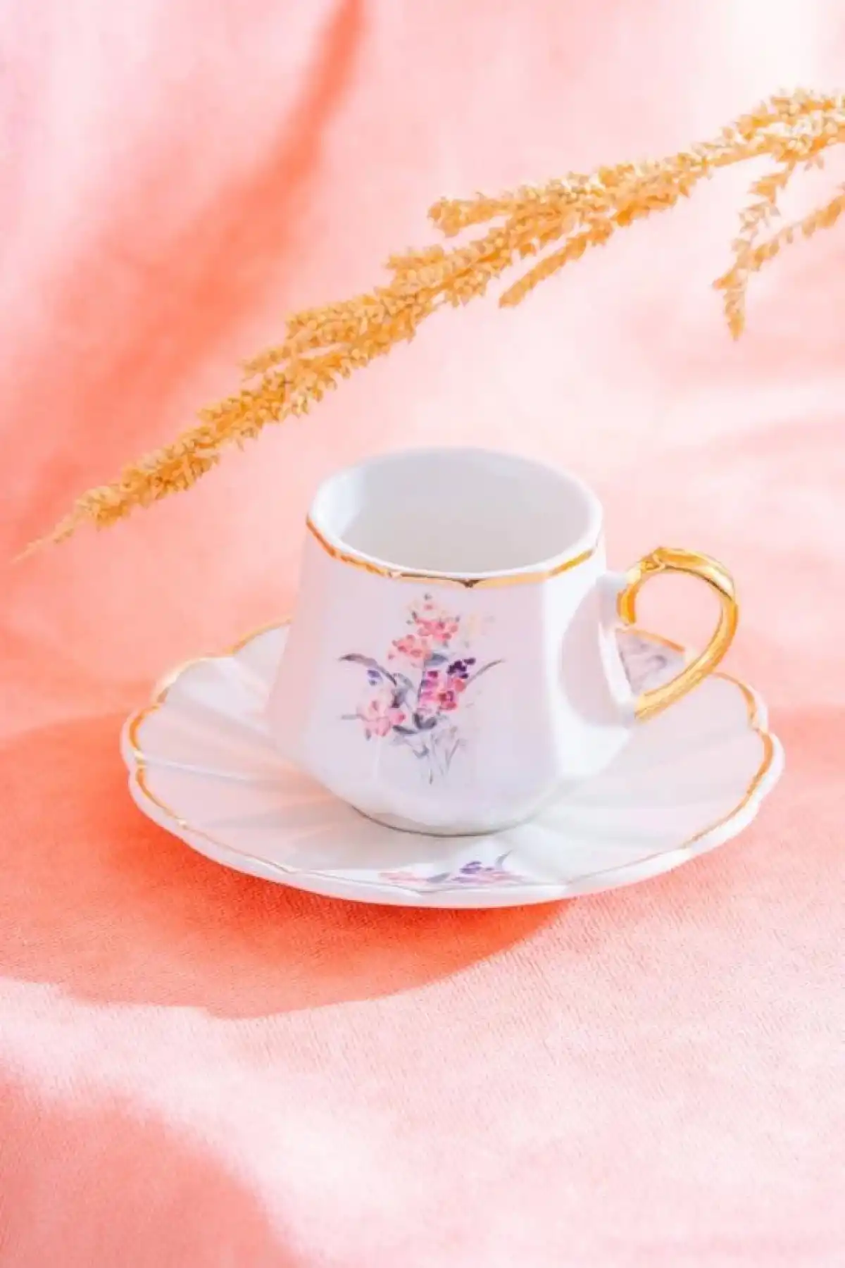 Acar YKG5988 Çiçek Desenli Gold Detaylı Beyaz Porselen Kahve Seti 6lı