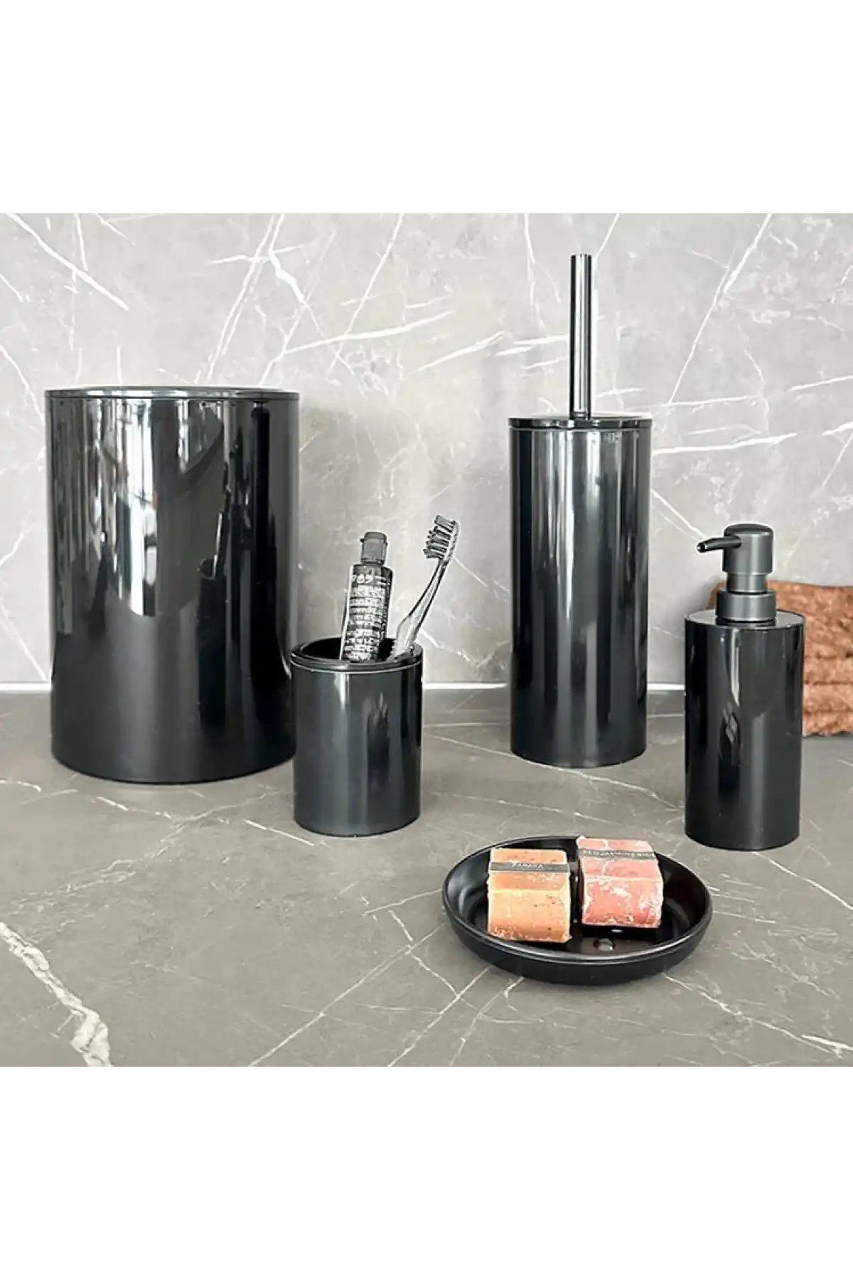 Ansan Flores Akrilik Siyah Banyo Seti 5 Parça