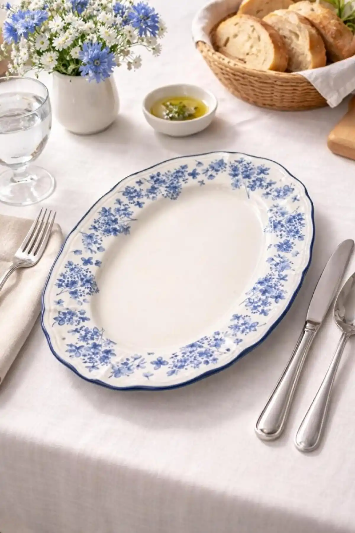 Acar Vintage Garden Mavi Çiçek Desenli Beyaz Porselen Oval Tabak 25x18 cm